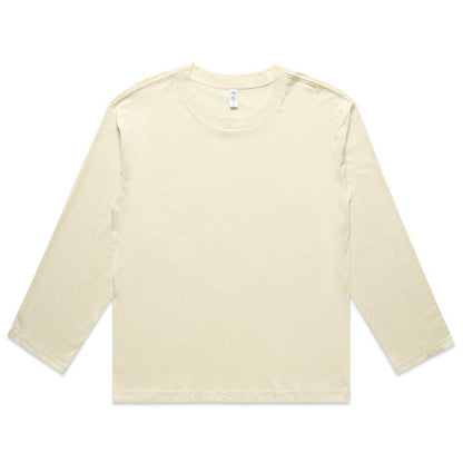 Cream-colored long-sleeved t-shirt with a crew neck and ribbed cuffs, likely made of cotton.