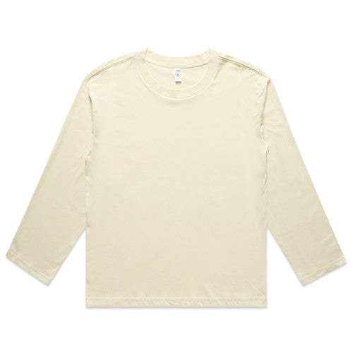 Cream-colored long-sleeved t-shirt with a crew neck and ribbed cuffs, likely made of cotton.