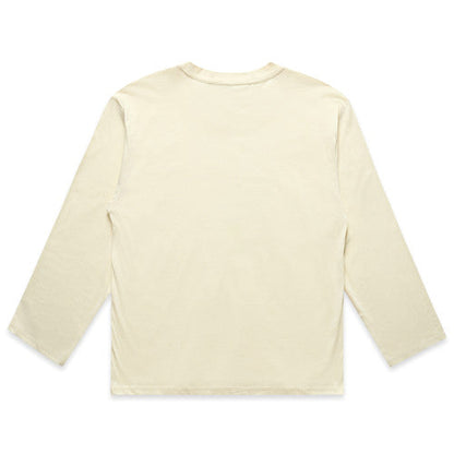 Cream-colored long-sleeved shirt with a crew neck and ribbed cuffs.