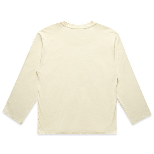 Cream-colored long-sleeved shirt with a crew neck and ribbed cuffs.