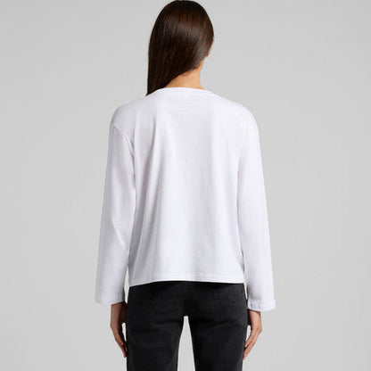 White long-sleeved top with a relaxed fit and rounded neckline.