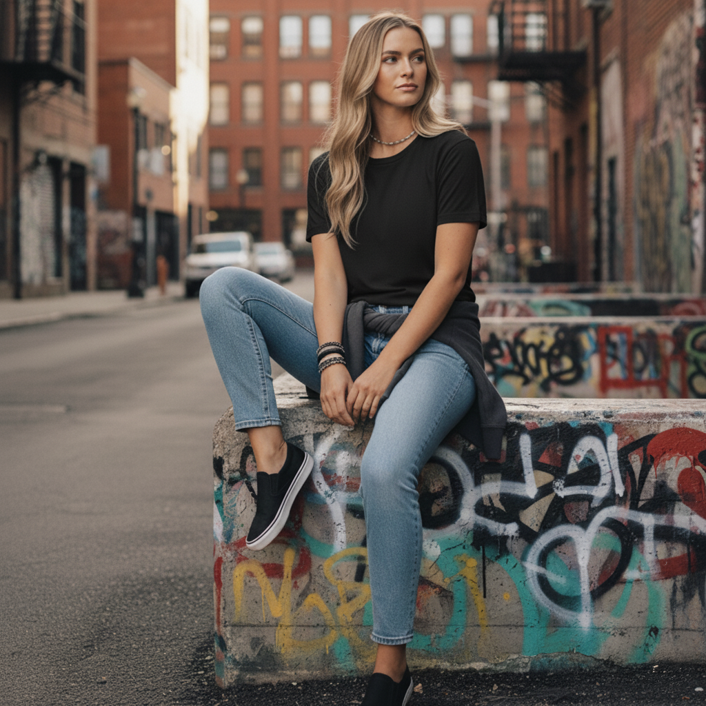 Women’s Martina Boyfriend Tee in black combed cotton with white graphic