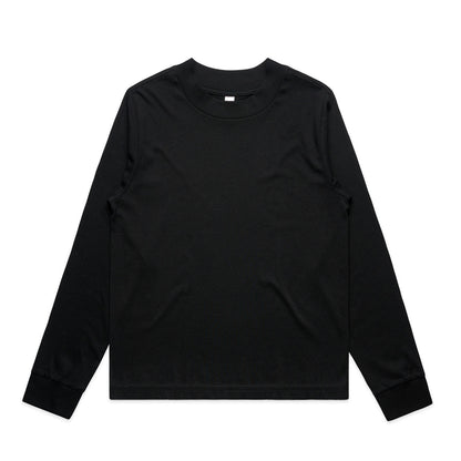 Black long-sleeved crew neck t-shirt with a ribbed neckline and cuffs, likely made of cotton.