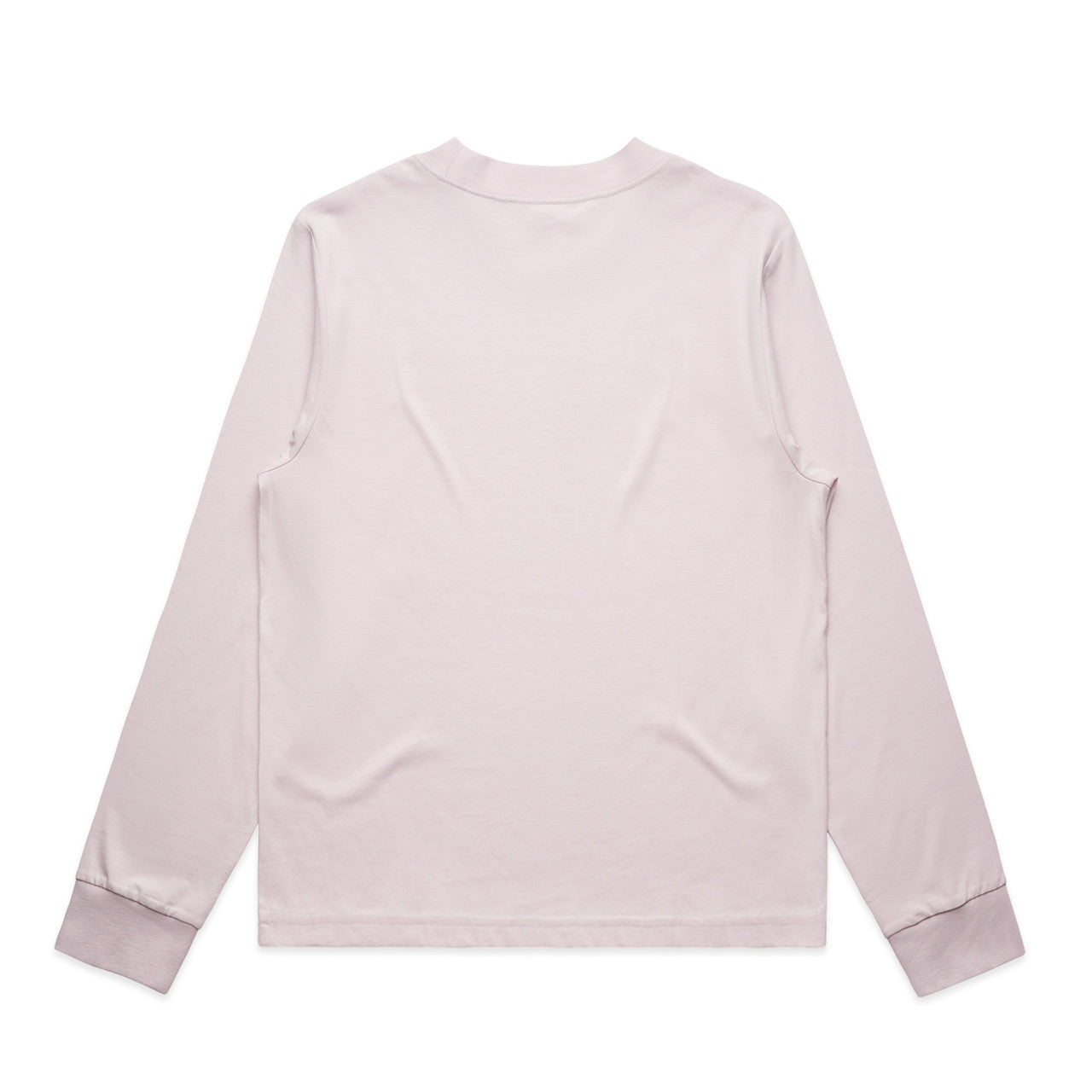 Lavender long-sleeved crew neck t-shirt with ribbed cuffs and hem, likely made of cotton or polyester blend.