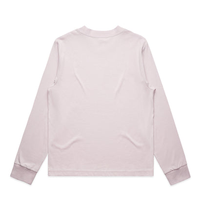Lavender long-sleeved crew neck t-shirt with ribbed cuffs and hem, likely made of cotton or polyester blend.
