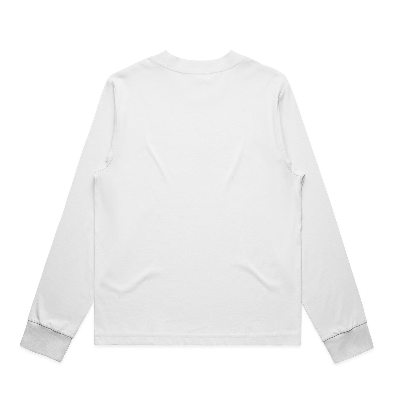 White long-sleeved crew neck t-shirt with ribbed cuffs and hem, possibly by nike.