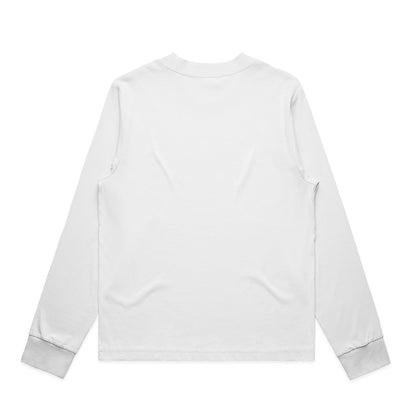 White long-sleeved crew neck t-shirt with ribbed cuffs and hem, possibly by nike.