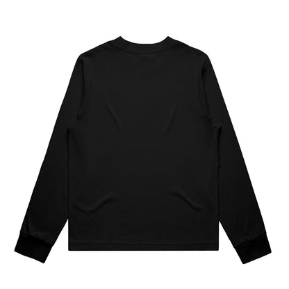 Black long-sleeved crew neck t-shirt with ribbed cuffs and hem, likely made of cotton or polyester blend.