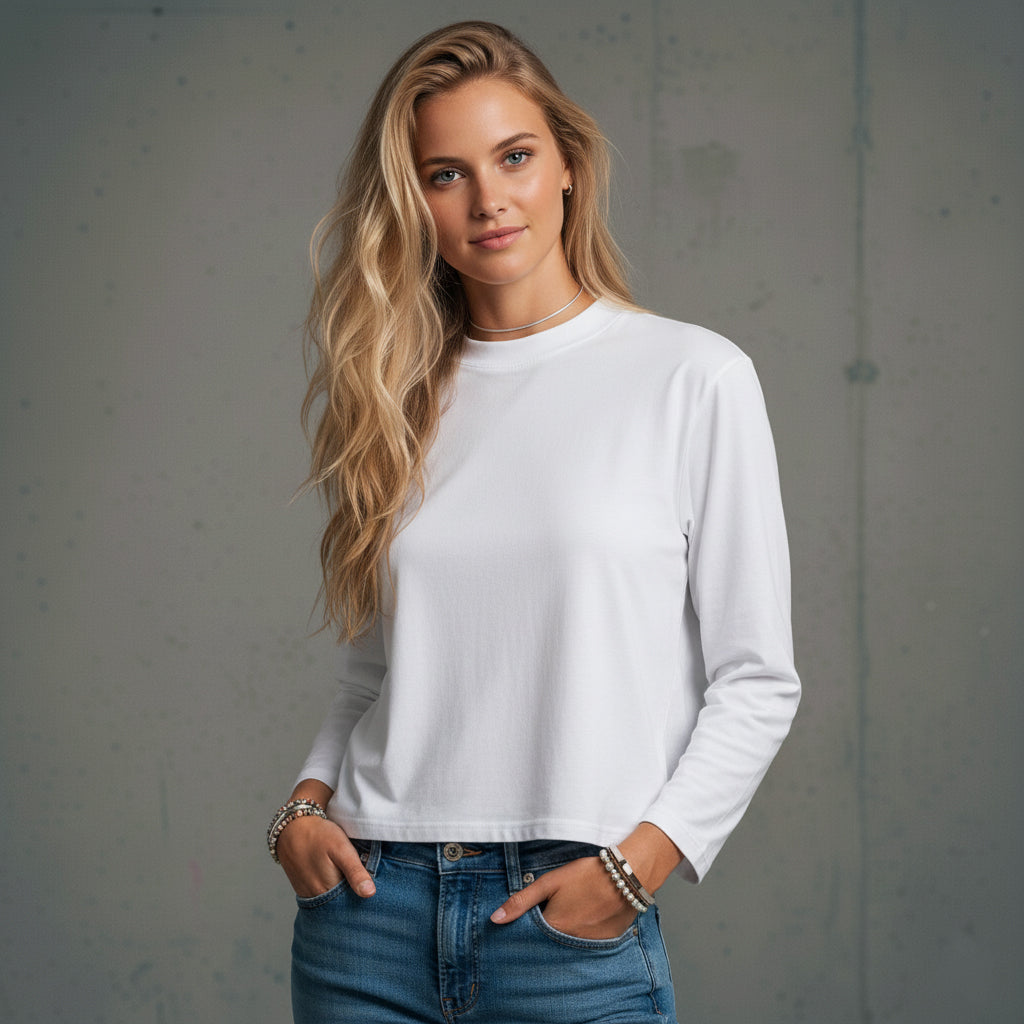 White long-sleeved crew neck t-shirt with jeans and bracelets.