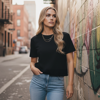 Black organic rib knit tee with silver chain and blue jeans