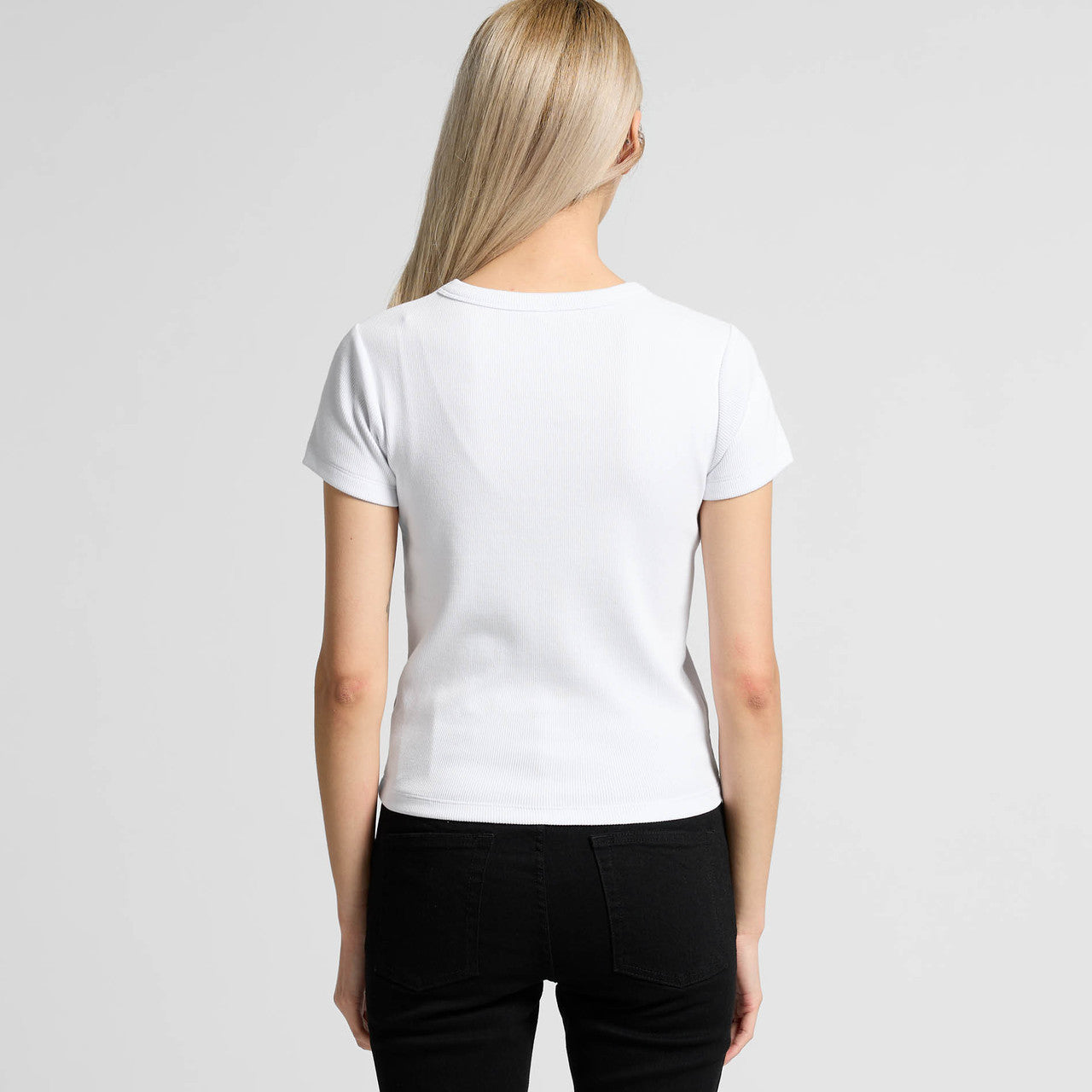 Women’s organic rib knit tee: white short-sleeve crew neck with black pants
