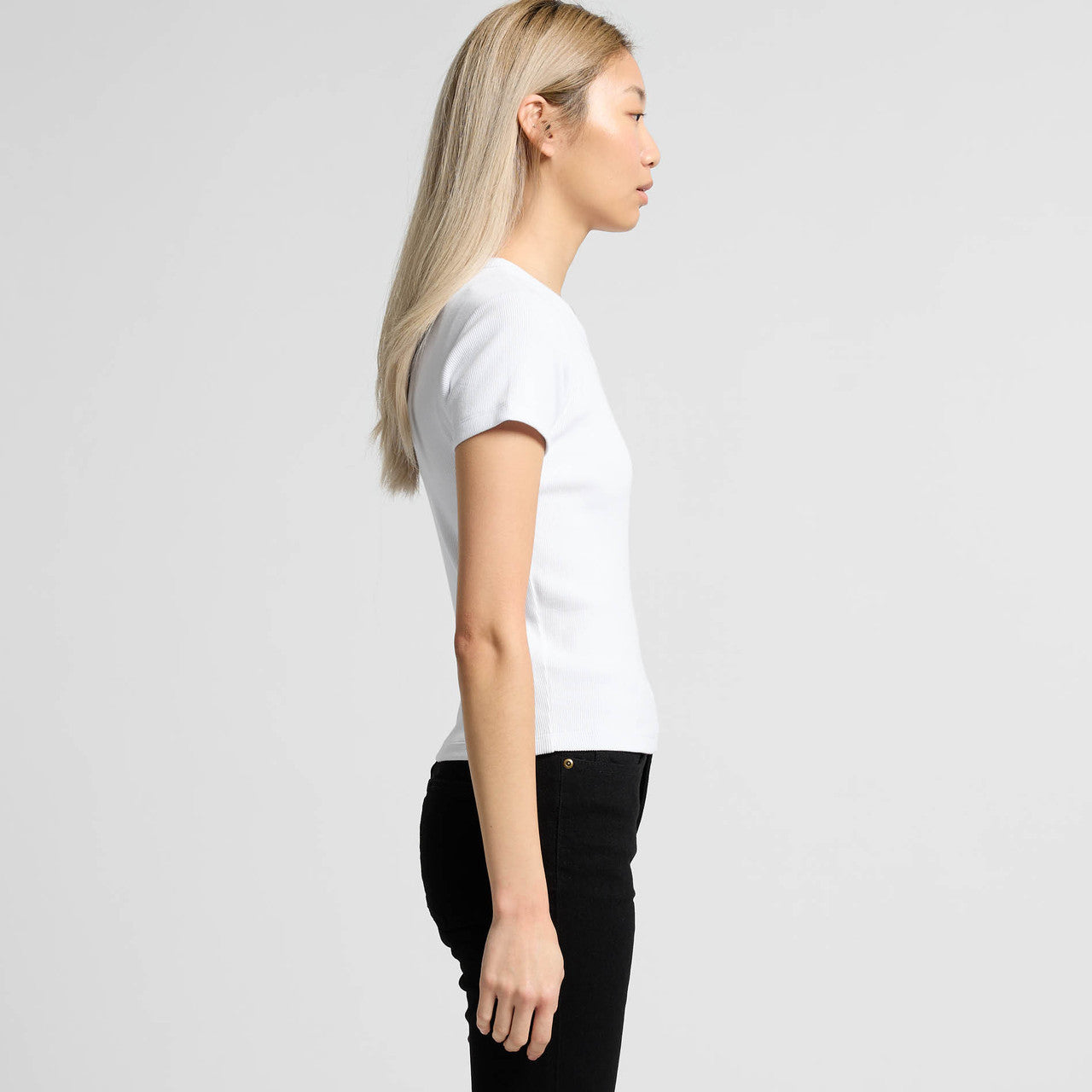 Women’s organic rib knit tee in white with black jeans