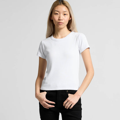 Women’s organic rib knit tee in white crew neck with black pants
