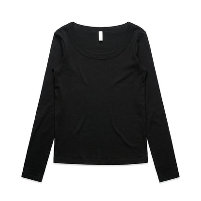 Women’s organic ribbed long sleeve tee in black scoop neck