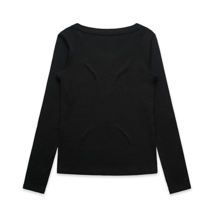 Womens organic ribbed long sleeve tee with round neck and cuffs