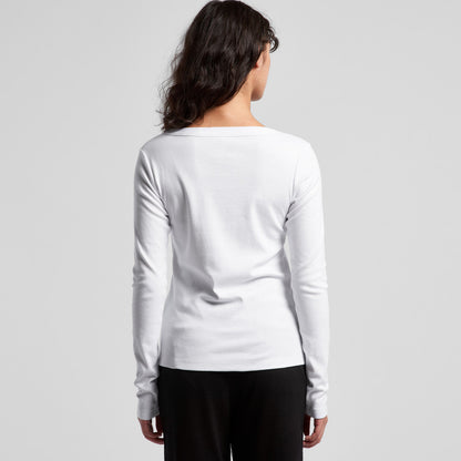Women’s organic ribbed long sleeve tee with boat neckline and ribbed cuffs