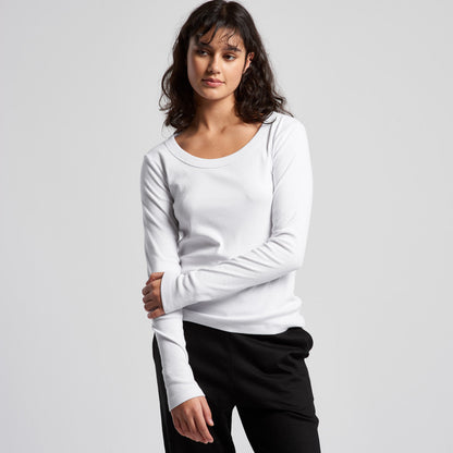 Women’s organic ribbed long sleeve tee in white with black pants