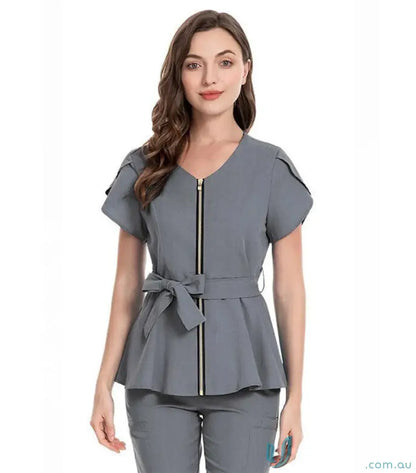 Gray belted scrub suit from Women’s Poplin Scrub Set with cargo pockets
