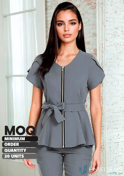 Gray zippered poplin scrub set with cargo pockets for women’s poplin style comfort