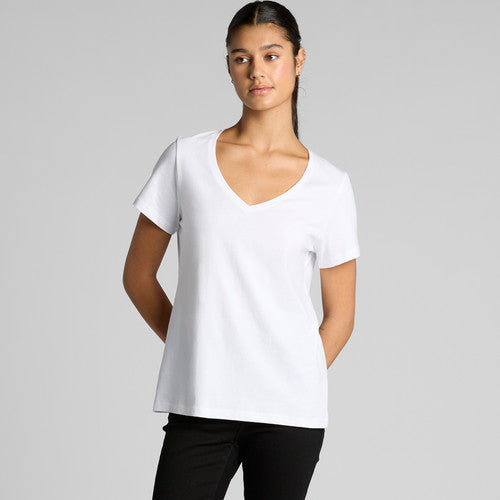 Women’s premium soft v-neck tee in white with short sleeves and pocket