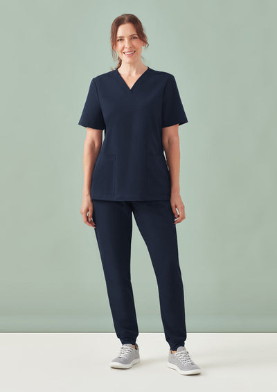 Womens pulse jogger scrub pant in navy blue v-neck top and pants