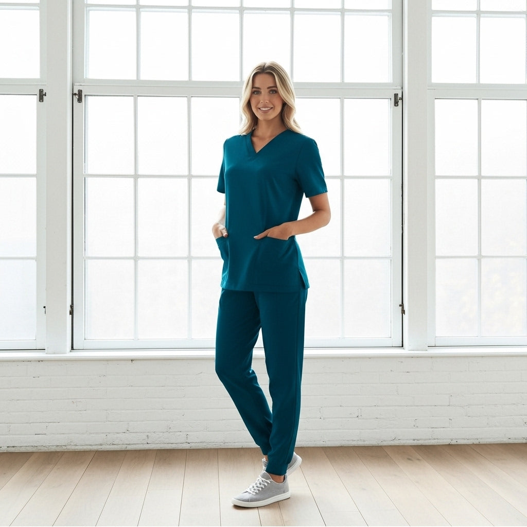Teal v-neck womens pulse jogger scrub set with pockets
