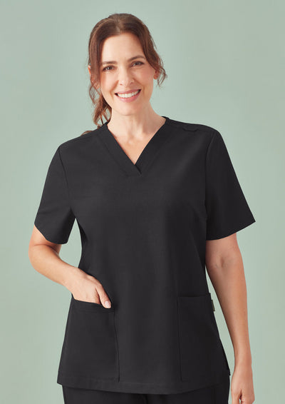 Womens Pulse V-Neck Scrub Top: black short sleeve with pockets, utility loop