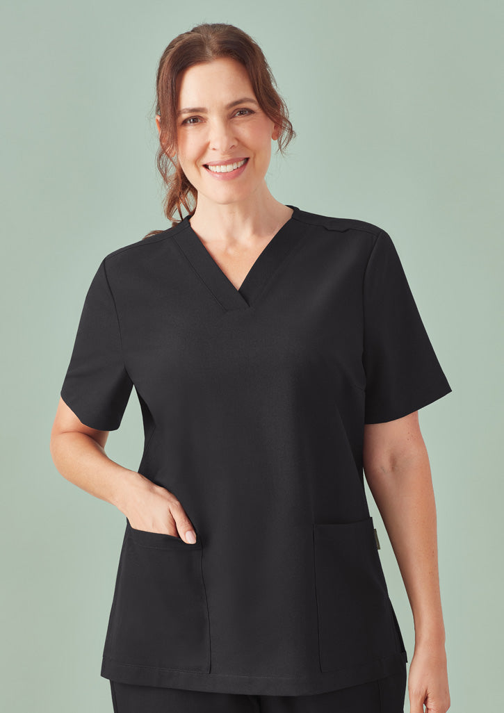 Womens Pulse V-Neck Scrub Top: black short sleeve with pockets, utility loop