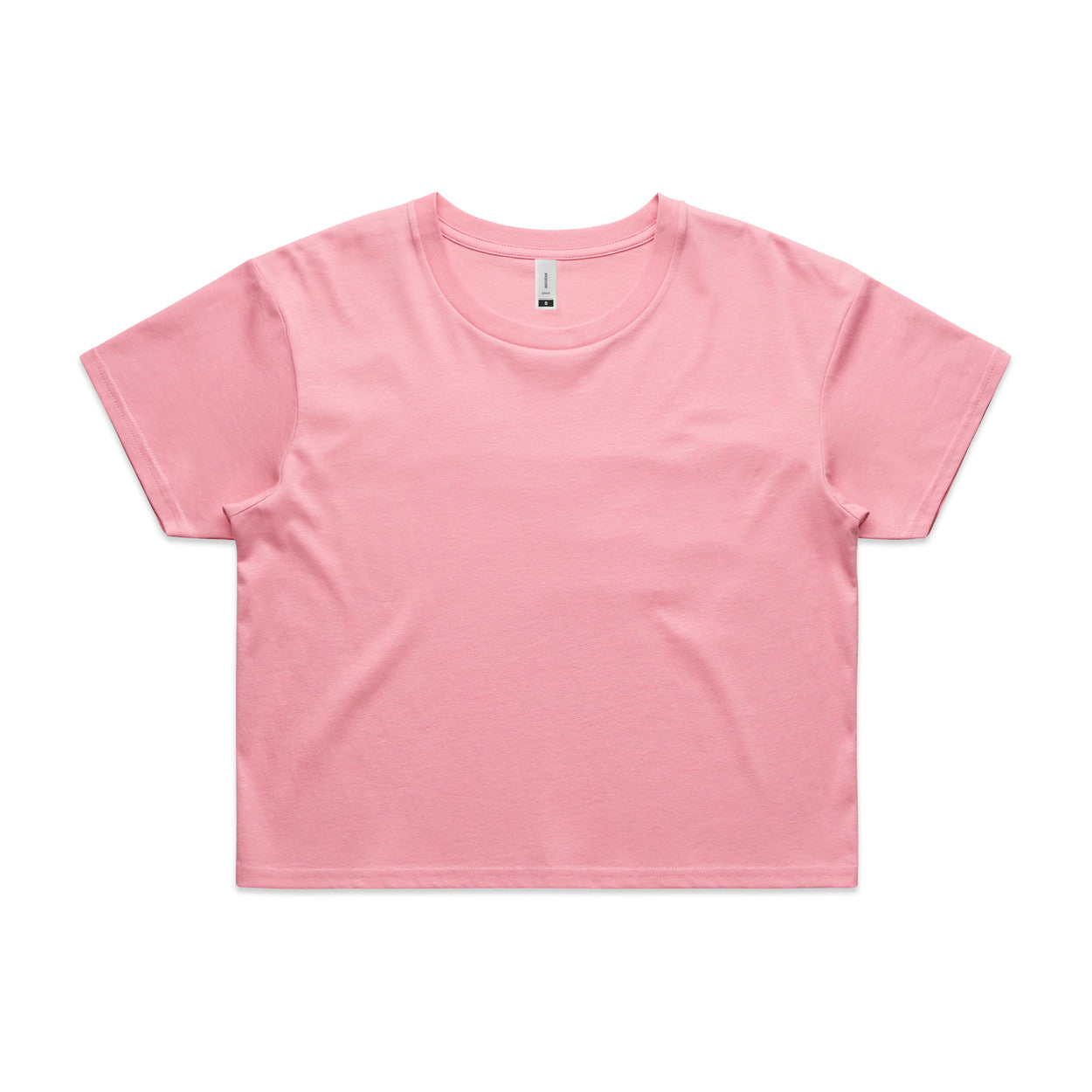 Pink relaxed fit crop tee with short sleeves and round neckline