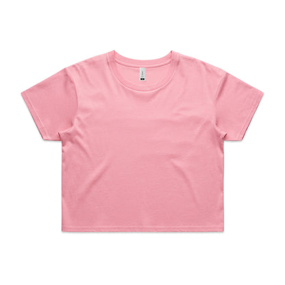 Pink relaxed fit crop tee with short sleeves and round neckline