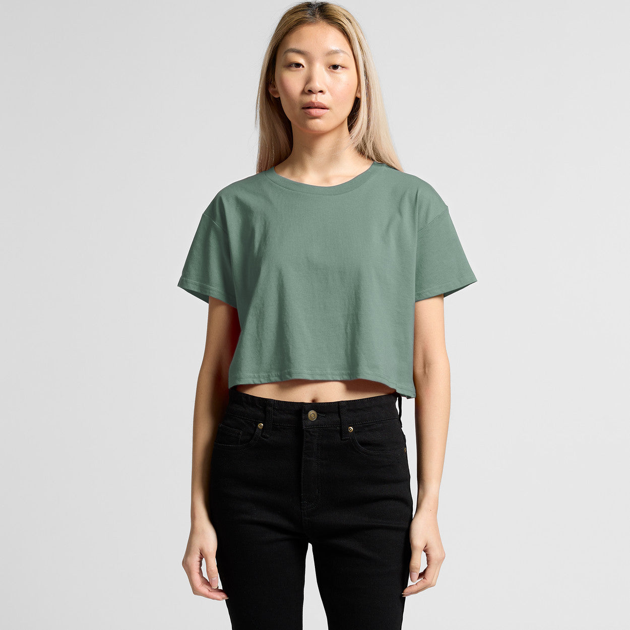 Green Planett women’s relaxed fit crop tee with short sleeves and black jeans
