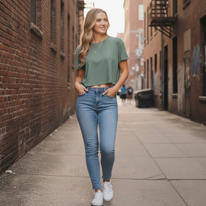 Planett Women’s Relaxed Fit Crop Tee in olive green cotton