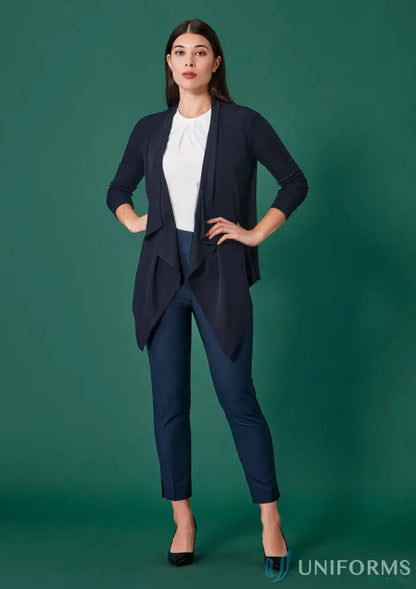 Women’s Renew mid-waist slim pants in recycled polyester, dark blue cardigan outfit