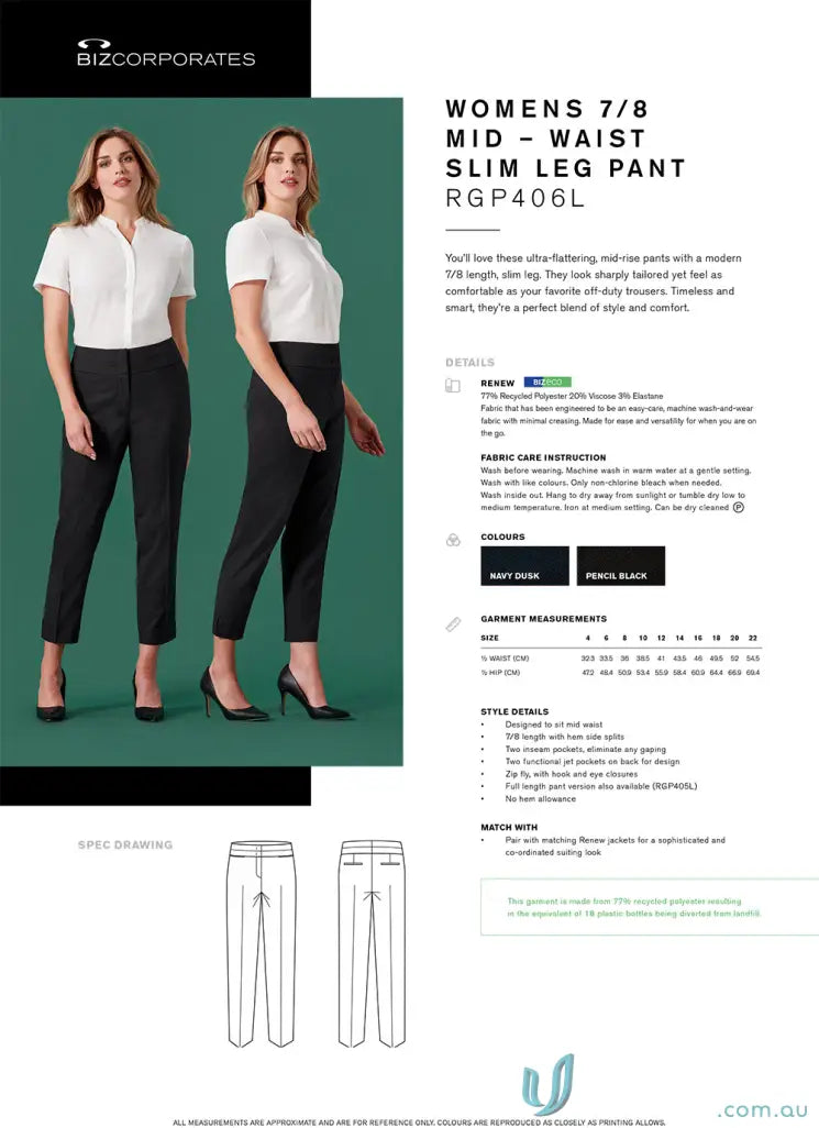 Women’s Renew mid-waist slim leg pant in navy or black made with recycled polyester