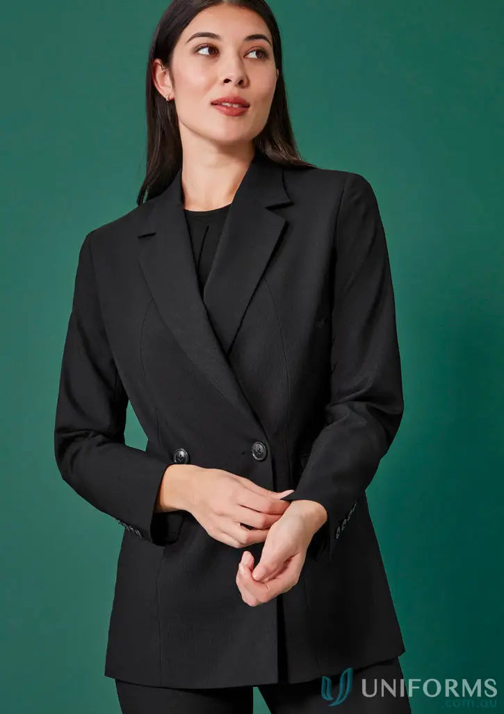 Woman’s black double breasted longline jacket made from recycled polyester for women