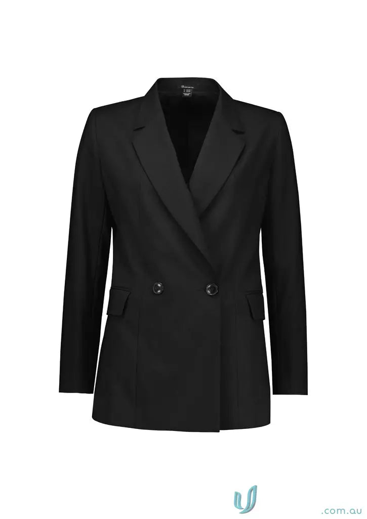 Black womens renew double breasted longline jacket made from recycled polyester fabric