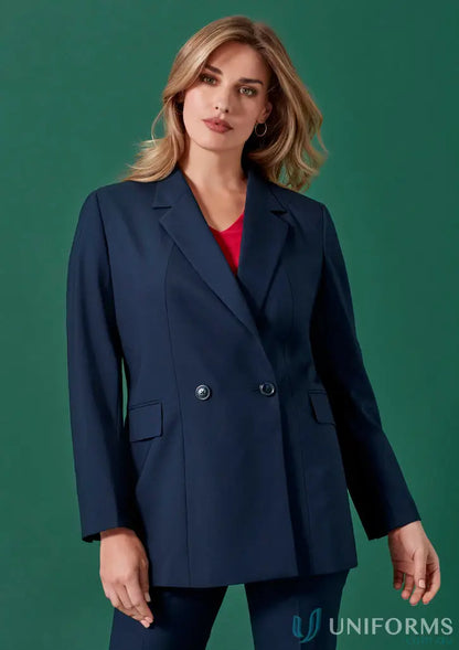 Navy blue womens renew double-breasted longline jacket made from recycled polyester