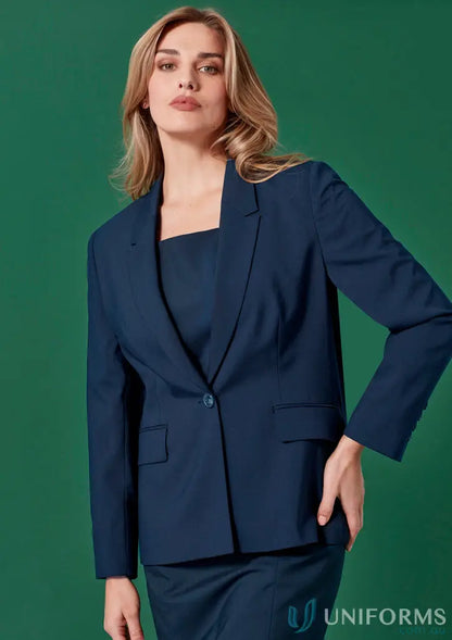 Navy blue womens renew double longline jacket with blazer and top style, eco-friendly look