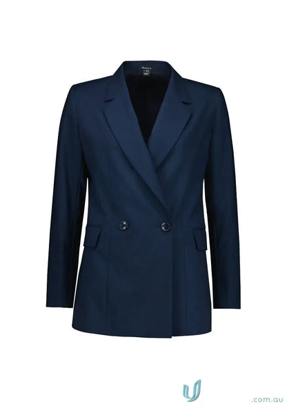Navy blue womens renew double big longline blazer made from recycled polyester