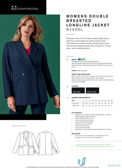 Women’s Renew Double Breasted Longline Jacket made from recycled polyester fabric
