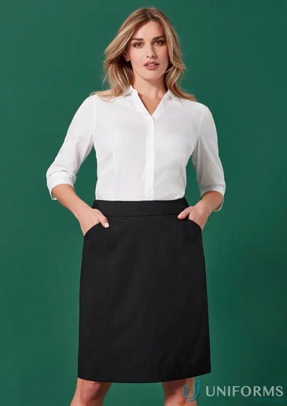 Women’s Renew Functional Pencil Skirt with white shirt, perfect for day long comfort
