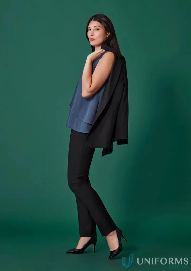 Womens Renew Mid-Waist Slim Leg Pant styled with blue sleeveless top and blazer