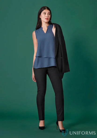 Womens Renew Mid-Waist Slim Leg Pant styled with layered top and blazer, chic office look