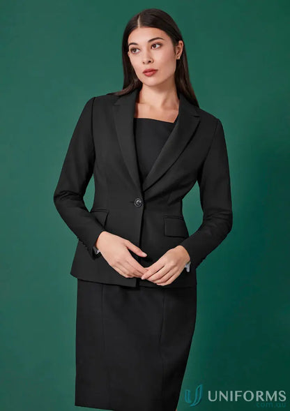 Black business suit worn with Womens Renew Short Sleeve Dress featuring a square neckline