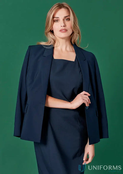 Navy short sleeve dress with blazer featuring square neckline from Womens Renew Short Sleeve Dress