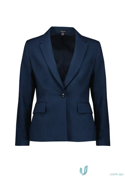 Navy blue womens renew single button mid length jacket blazer for a stylish look