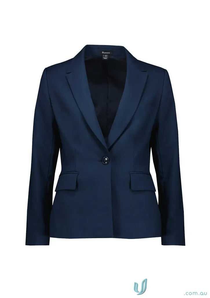 Navy blue womens renew single button mid length jacket blazer for a stylish look