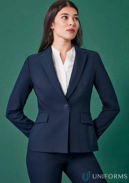 Navy blue womens renew single button mid length jacket for a stylish look