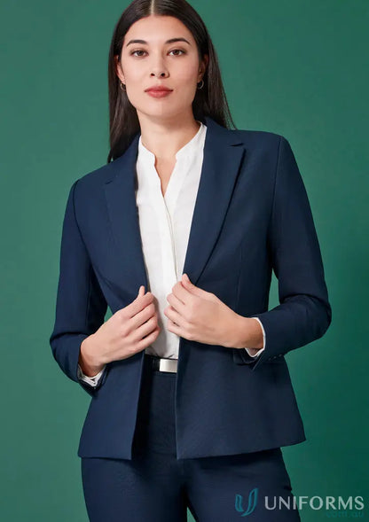 Woman wearing navy blue womens renew single button mid length jacket for business style
