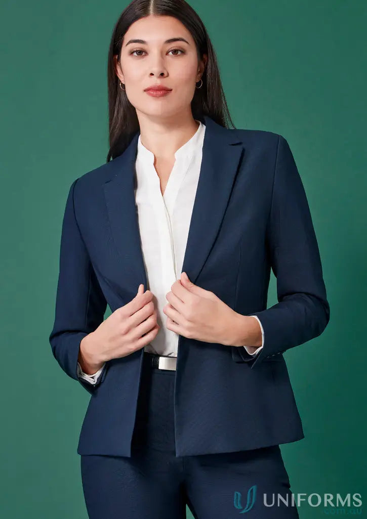 Woman wearing navy blue womens renew single button mid length jacket for business style